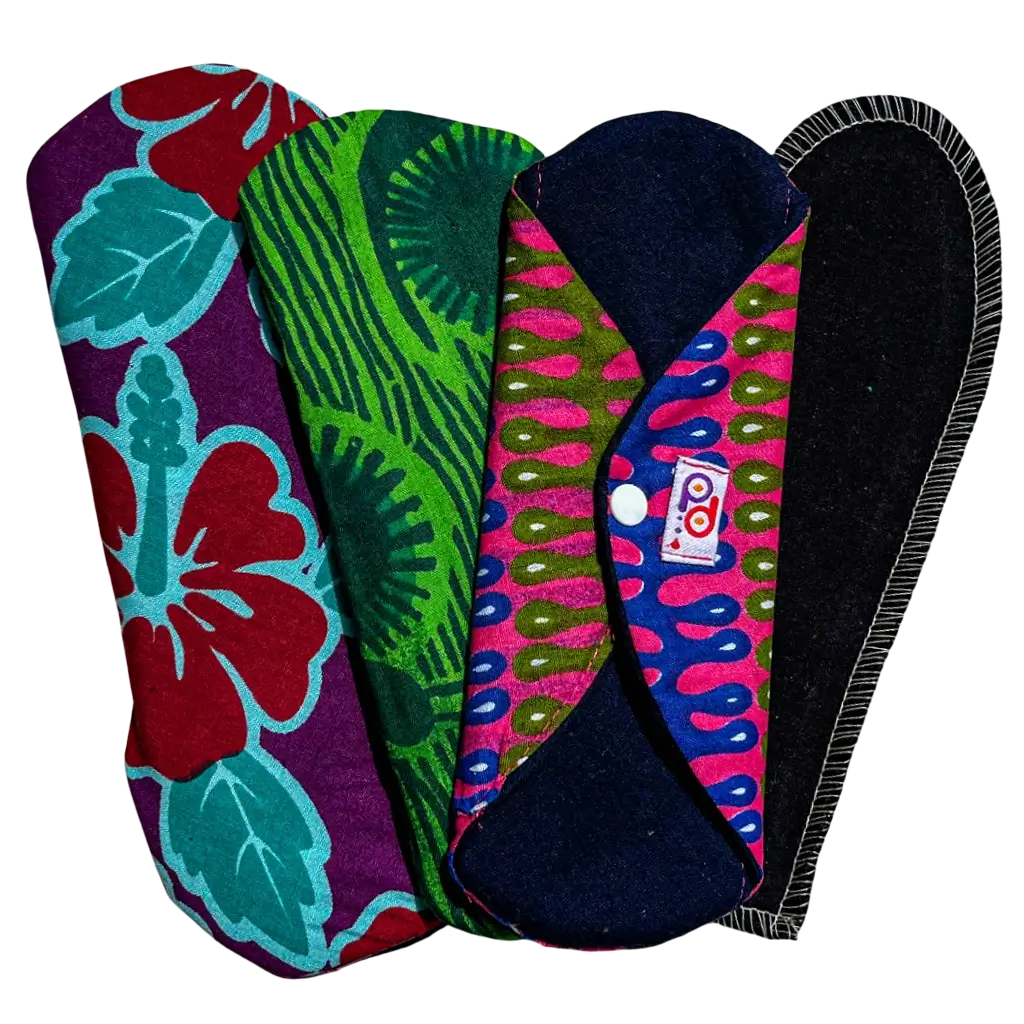 Full set of Padmad Trial Kit contents, including pantyliner and pads.