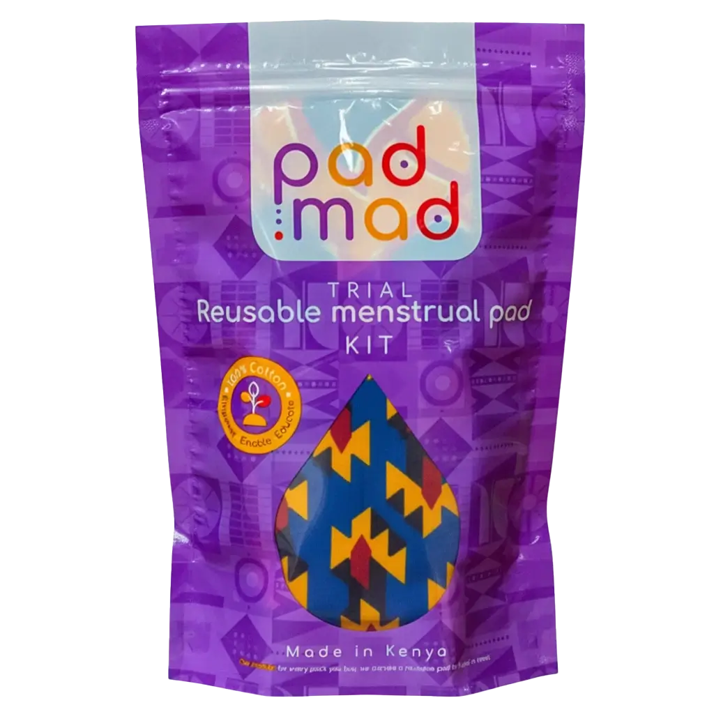 Front view of the Trial Reusable Menstrual Kit packaging.