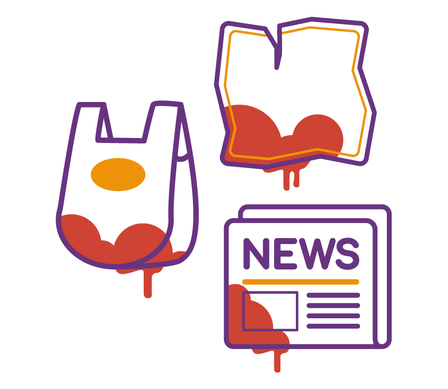 Illustration showing disrupted access to menstrual products (plastic, newspaper).